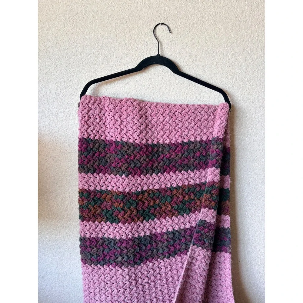 Handmade Crochet Throw‎ Blanket Pink Magenta Striped Boho Fringe Popcorn Stitch